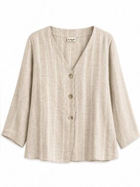 Vintage VIVA 100% Flax Linen Top, L,  Neutral Striped Button Front Coastal